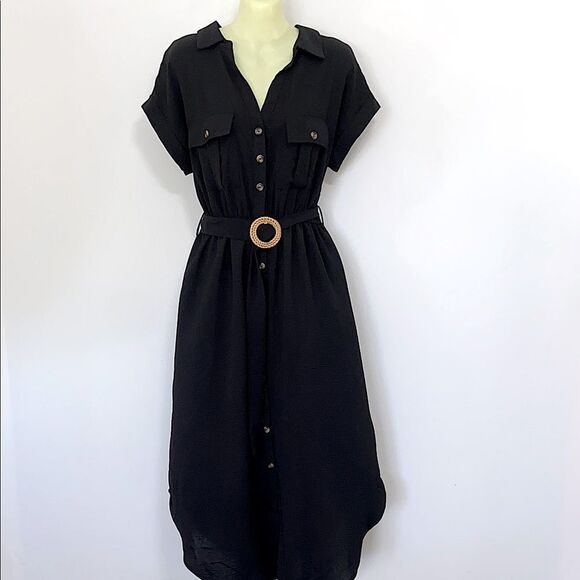 Blu Pepper Mine Black Dress Button Front Matching Belt Midi NWT Sz Medium - Picture 1 of 9